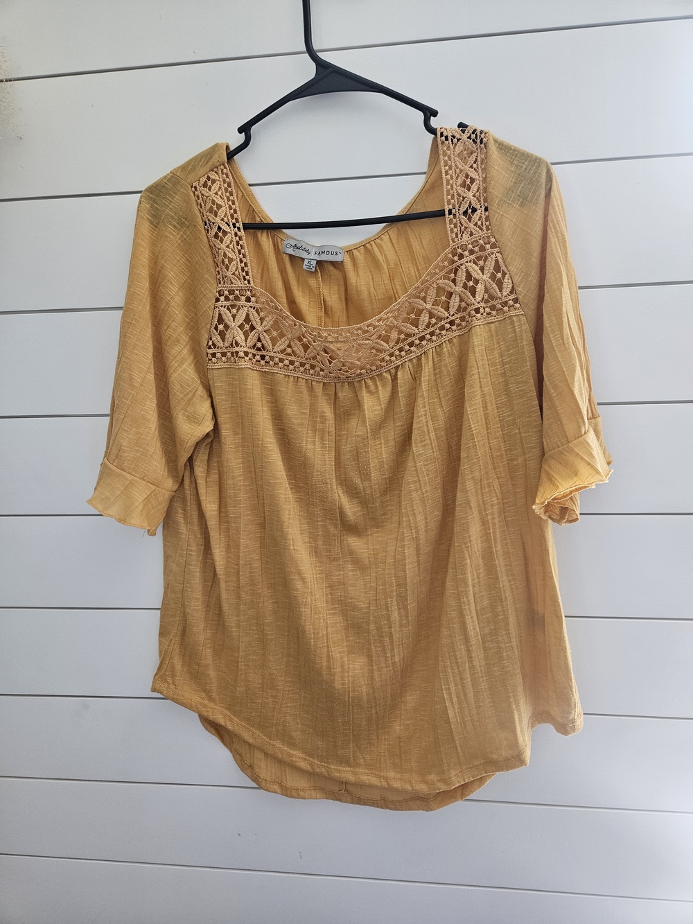 Absolutely Famous Mustard Crochet-Yoke Women's Blouse